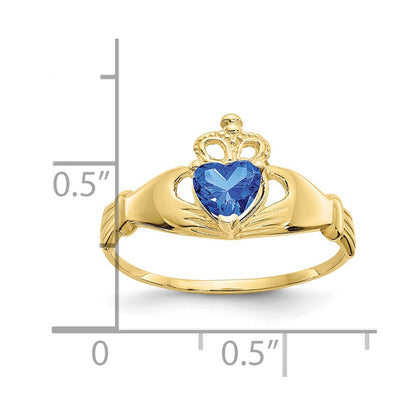10k CZ September Blue Birthstone Claddagh Heart Ring