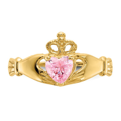 10k CZ October Pink Birthstone Claddagh Heart Ring