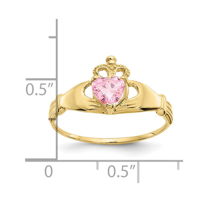 10k CZ October Pink Birthstone Claddagh Heart Ring