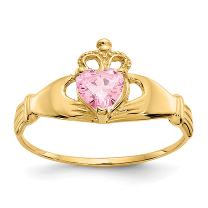 10k CZ October Pink Birthstone Claddagh Heart Ring