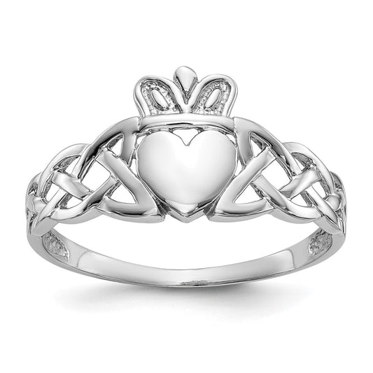10k White Gold Polished Mens Claddagh and Celtic Knot Ring