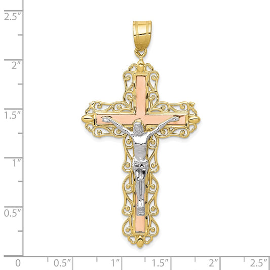 10K Tri-color Large Diamond-cut Crucifix Pendant
