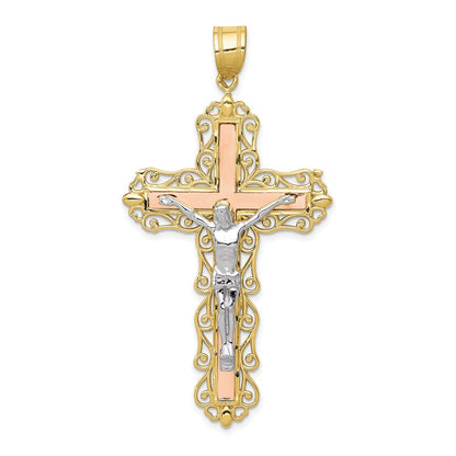10K Tri-color Large Diamond-cut Crucifix Pendant