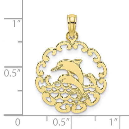 10K Cut-out Jumping Dolphins in Scalloped Circle Pendant