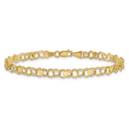10k 4mm Solid Double Link with Hearts 7 inch Charm Bracelet