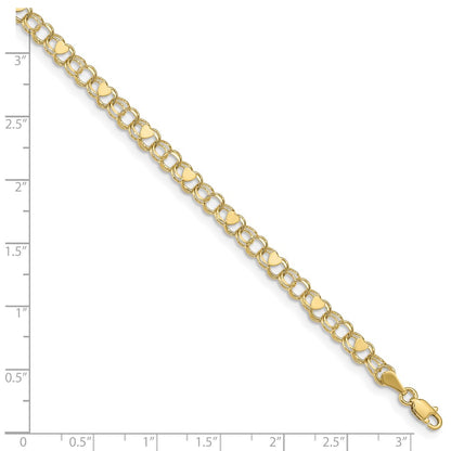 10k 4mm Solid Double Link with Hearts 8 inch Charm Bracelet