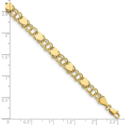 10k 6mm Solid Double Link with Hearts 8 inch Charm Bracelet