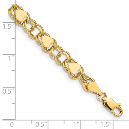 10k 7mm Solid Double Link with Hearts 7 inch Charm Bracelet