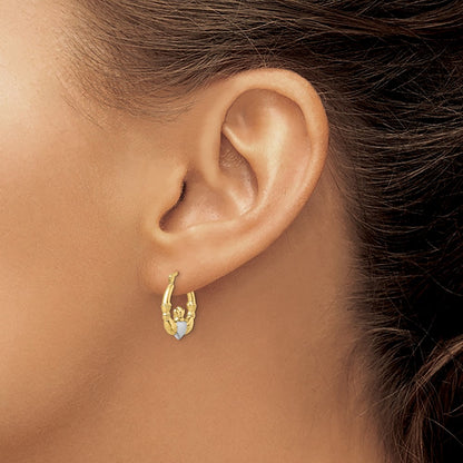 10K and White Rhodium Claddagh Hollow Hoop Earrings