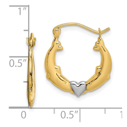 10K and White Rhodium Dolphin Heart Hollow Hoop Earrings
