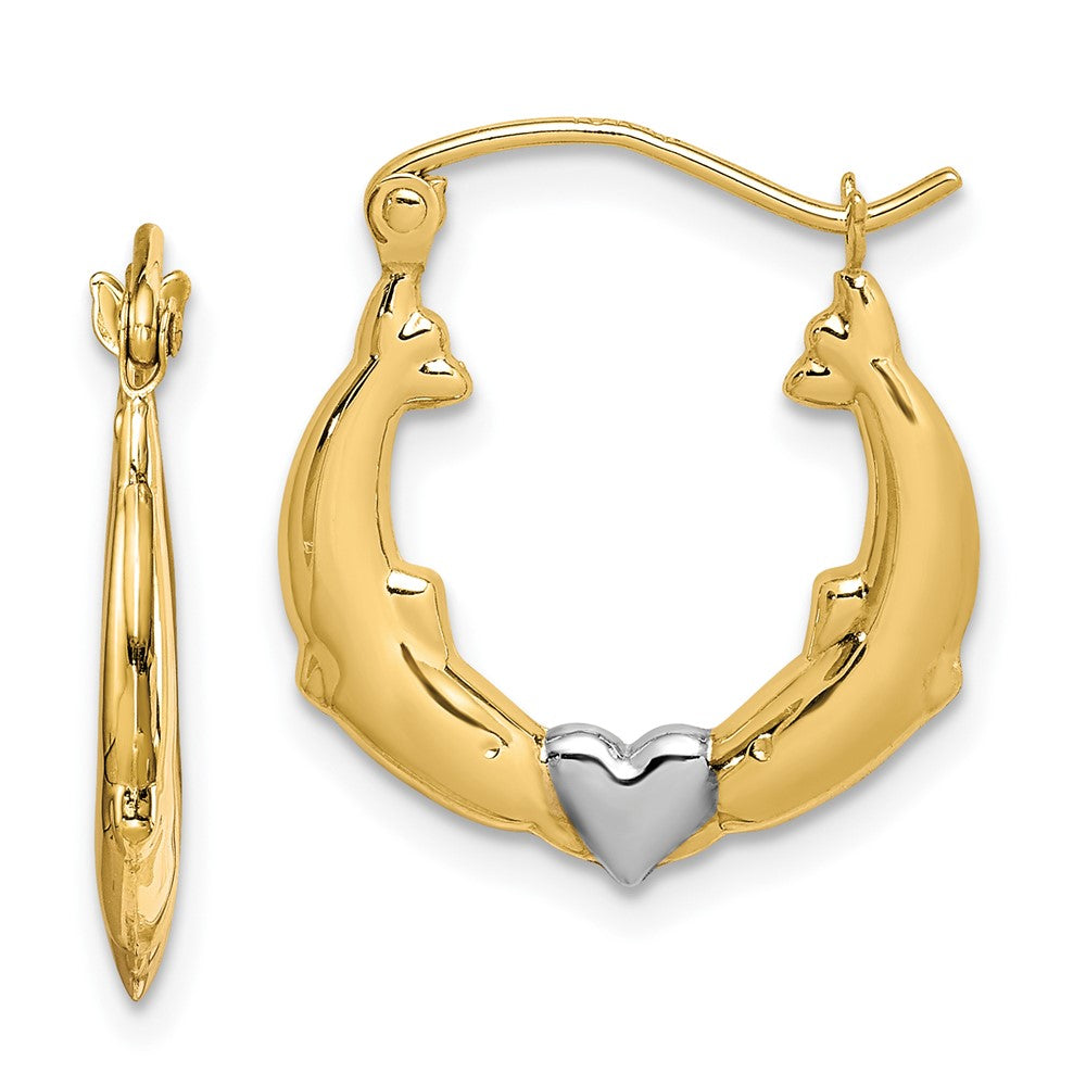 10K and White Rhodium Dolphin Heart Hollow Hoop Earrings