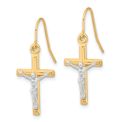 10k Two-tone Polished Crucifix Dangle Shepherd Hook Earrings