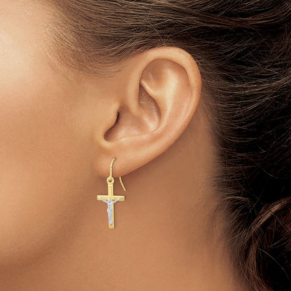 10k Two-tone Polished Crucifix Dangle Shepherd Hook Earrings