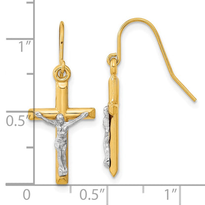 10k Two-tone Polished Crucifix Dangle Shepherd Hook Earrings