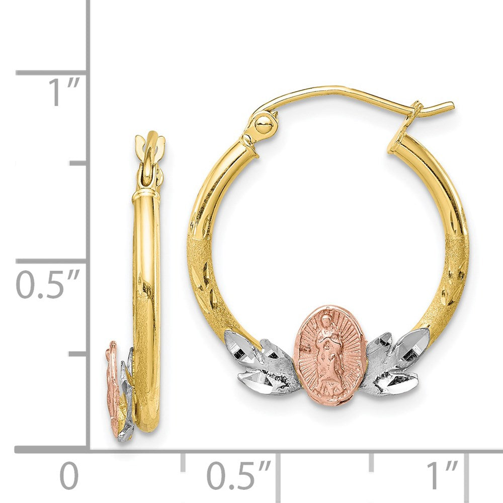 10k Tri-color Our Lady of Guadalupe Diamond-cut Hoop Earrings