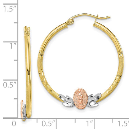 10k Tri-color Our Lady of Guadalupe Diamond-cut Hoop Earrings