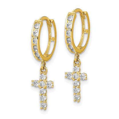 10K CZ Cross Dangle Hinged Hoop Earrings