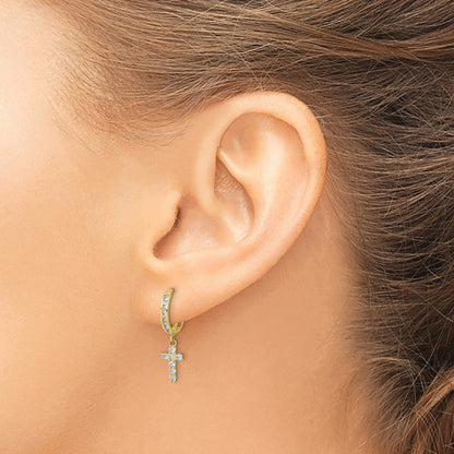 10K CZ Cross Dangle Hinged Hoop Earrings