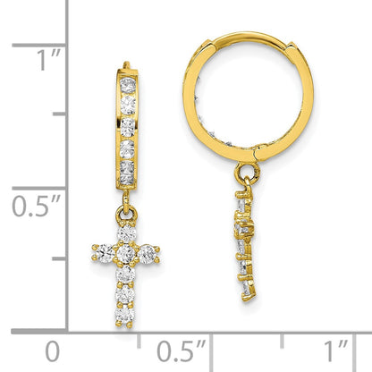 10K CZ Cross Dangle Hinged Hoop Earrings