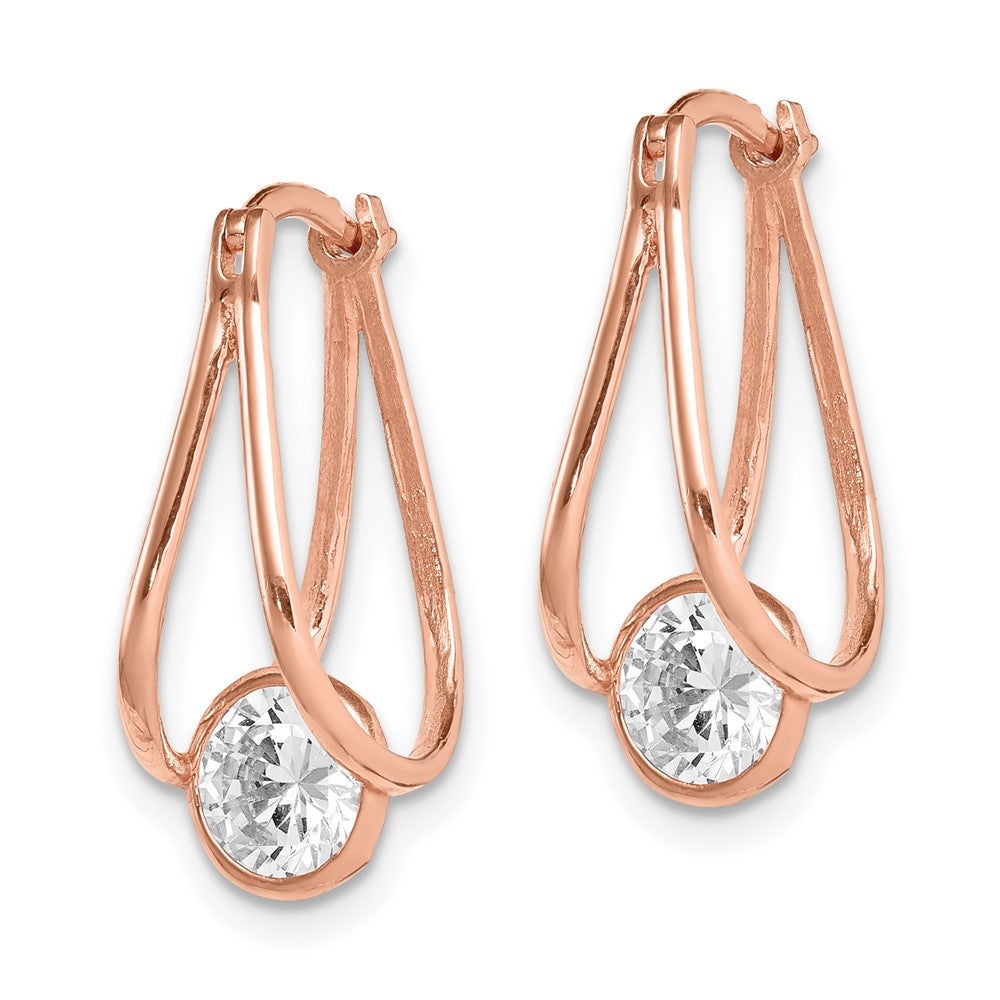 10K Rose Gold Polished CZ Dangle Hoop Earrings