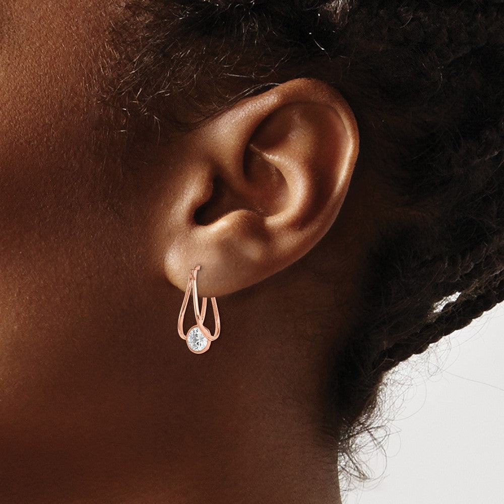 10K Rose Gold Polished CZ Dangle Hoop Earrings