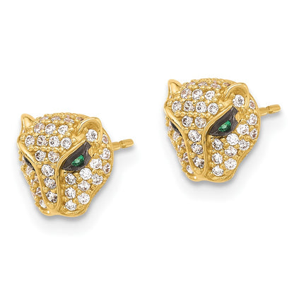 10K Polished Clear and Green CZ Lioness Head Post Earrings