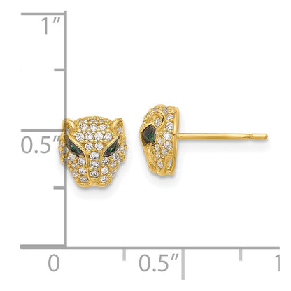 10K Polished Clear and Green CZ Lioness Head Post Earrings