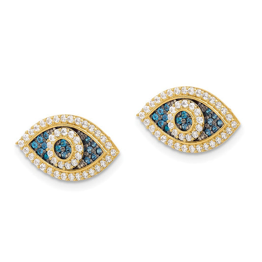 10K Polished Blue and Clear CZ Evil Eye Post Earrings