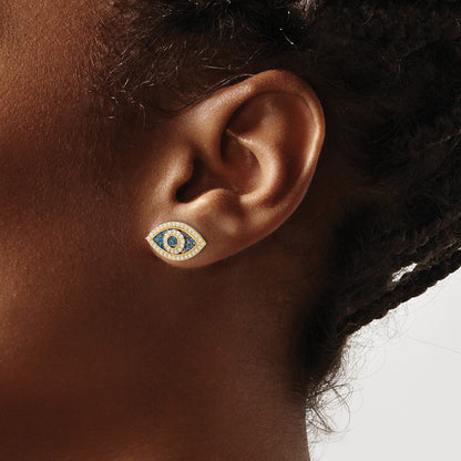 10K Polished Blue and Clear CZ Evil Eye Post Earrings