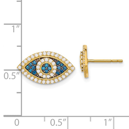 10K Polished Blue and Clear CZ Evil Eye Post Earrings