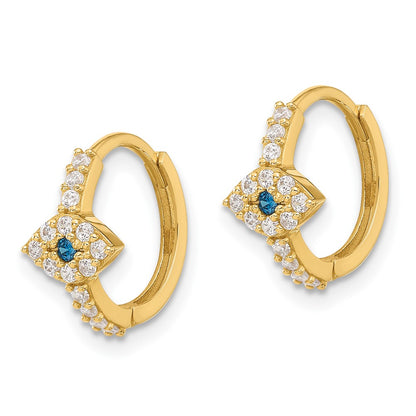 10K Polished Clear and Blue CZ Evil Eye Hinged Hoop Earrings