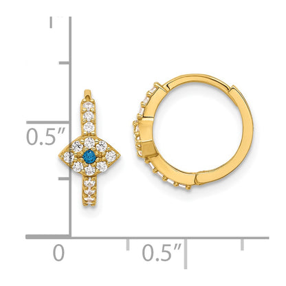 10K Polished Clear and Blue CZ Evil Eye Hinged Hoop Earrings