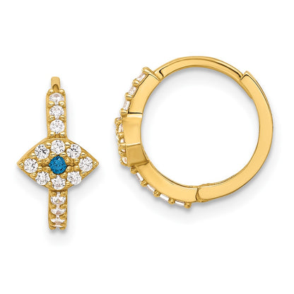 10K Polished Clear and Blue CZ Evil Eye Hinged Hoop Earrings