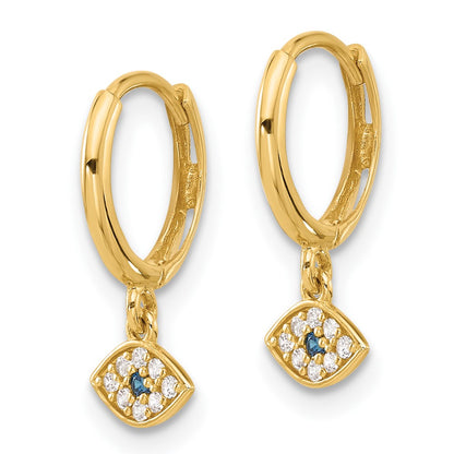10K Polished Clear and Blue CZ Dangle Evil Eye Hinged Hoop Earrings