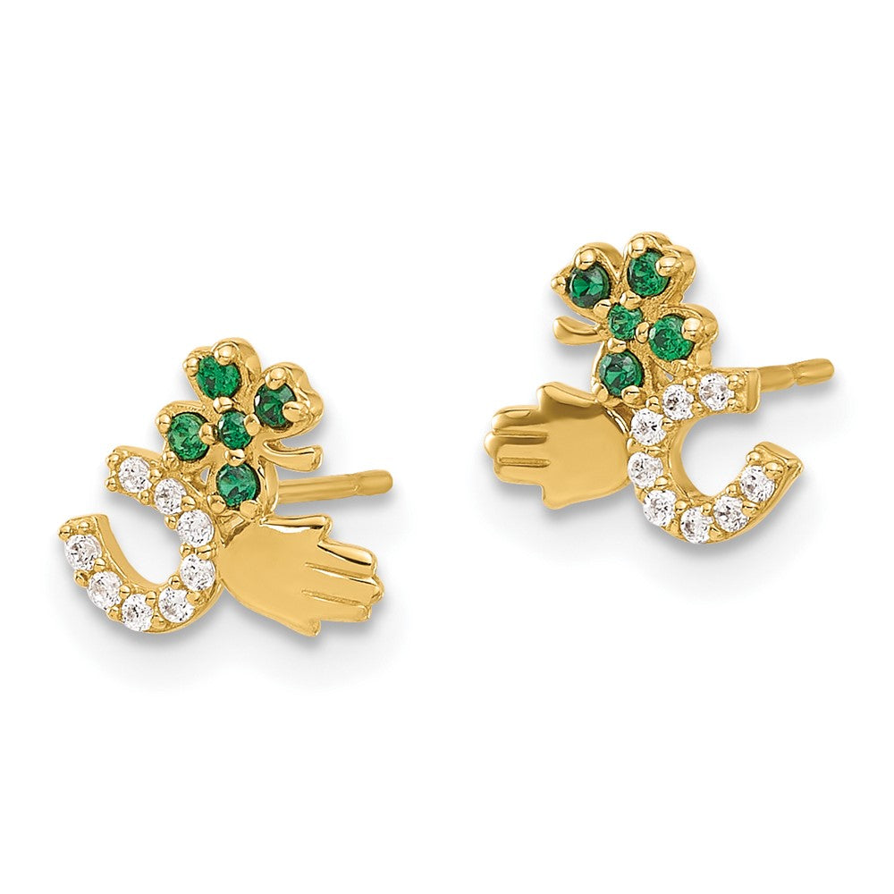 10K Polished Green and Clear CZ Good Luck Post Earrings