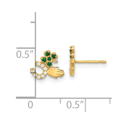 10K Polished Green and Clear CZ Good Luck Post Earrings