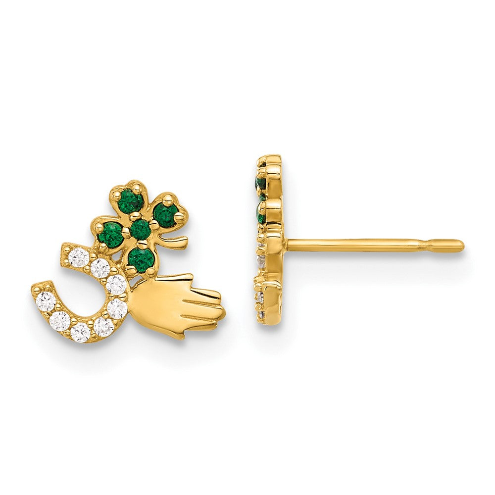 10K Polished Green and Clear CZ Good Luck Post Earrings