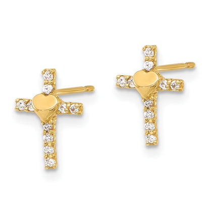 10K Polished CZ Heart Center Cross Post Earrings
