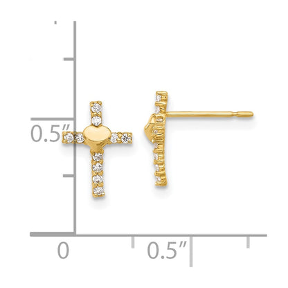 10K Polished CZ Heart Center Cross Post Earrings
