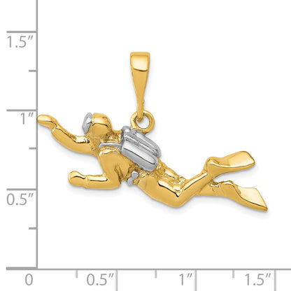 10k and White Rhodium Polished Open-Backed Scuba Diver Pendant