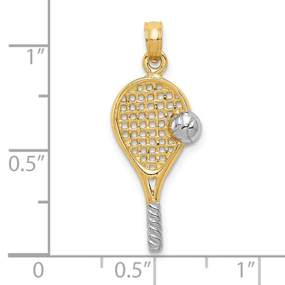 10k and White Rhodium Polished Tennis Racquet and Ball Pendant