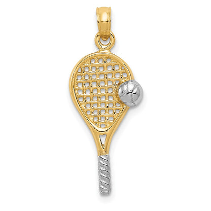 10k and White Rhodium Polished Tennis Racquet and Ball Pendant