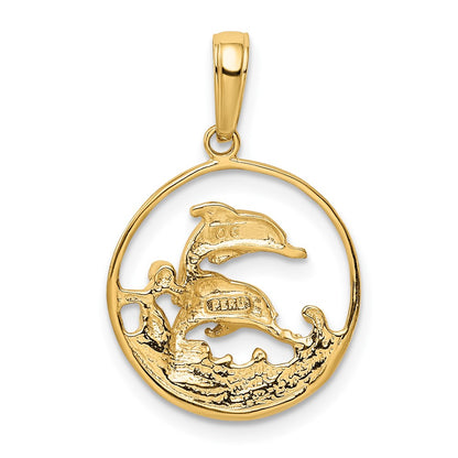 10K Double Dolphins in Circle Pendant