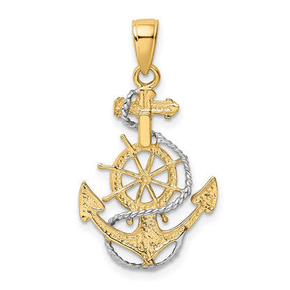 10k and White Rhodium Anchor with Ships Wheel and Rope Pendant