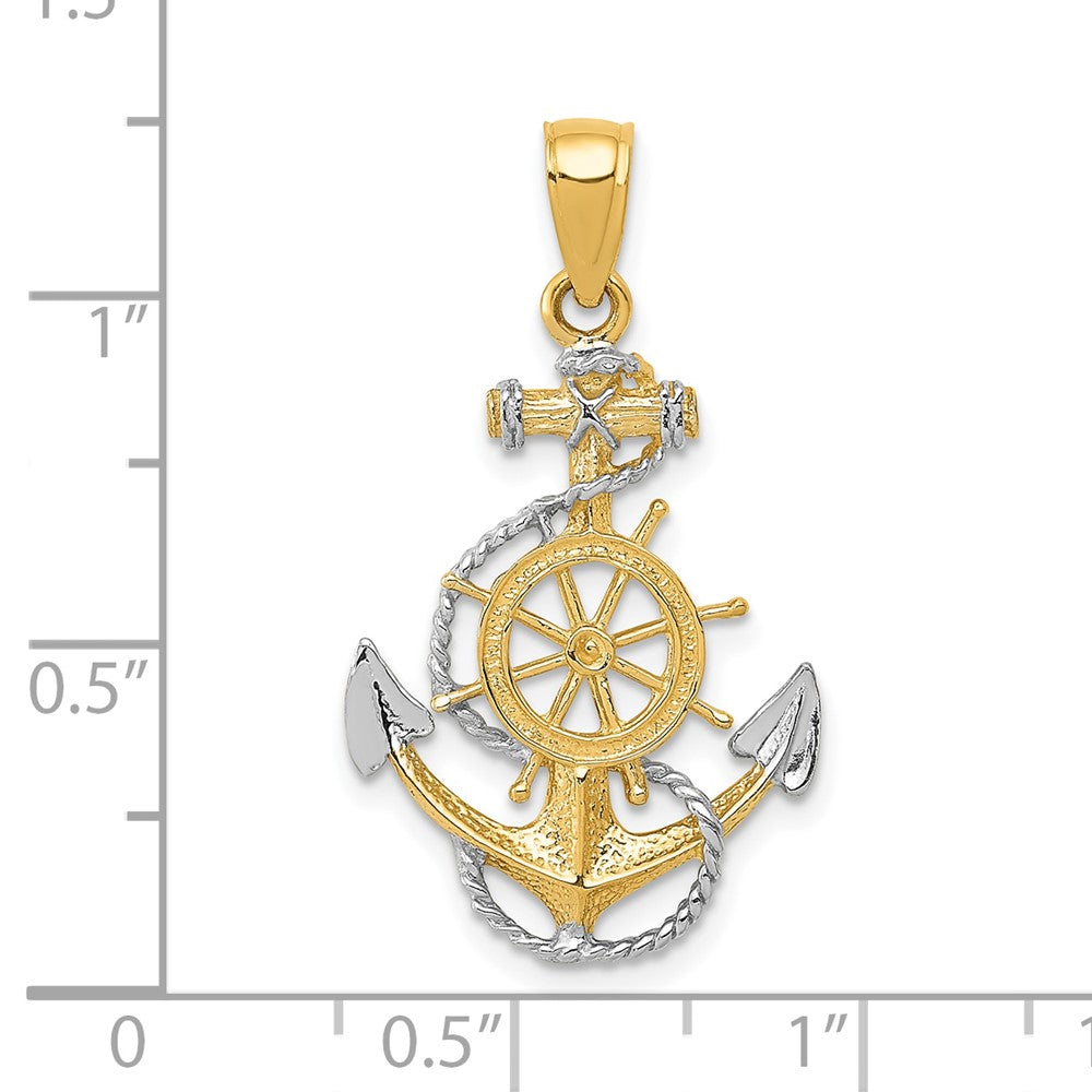 10k and White Rhodium Anchor with Ships Wheel and Rope Pendant
