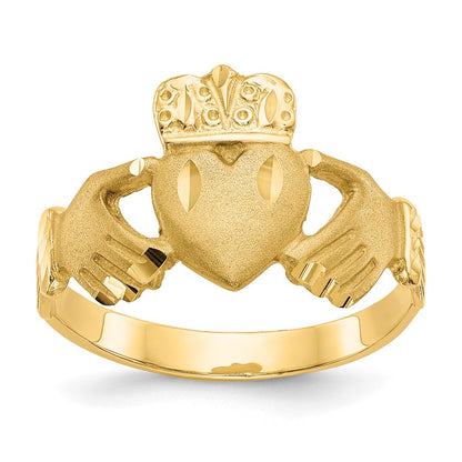 10k Polished and Satin Diamond-cut Mens Claddagh Ring