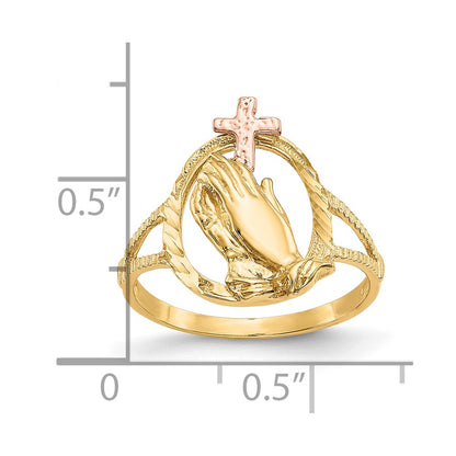 10K Two-tone Diamond Cut Praying Hands with Cross Ring