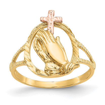 10K Two-tone Diamond Cut Praying Hands with Cross Ring