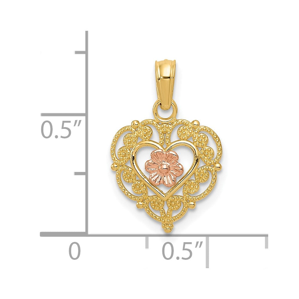 10K Two-tone Polished Flower in Fancy Border Heart Pendant