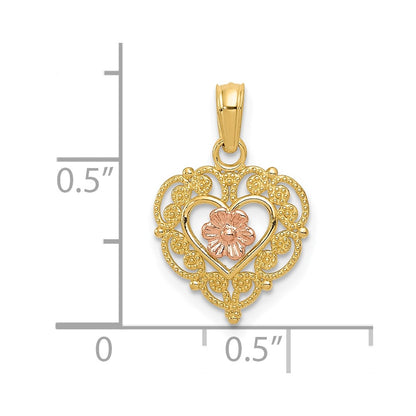 10K Two-tone Polished Flower in Fancy Border Heart Pendant